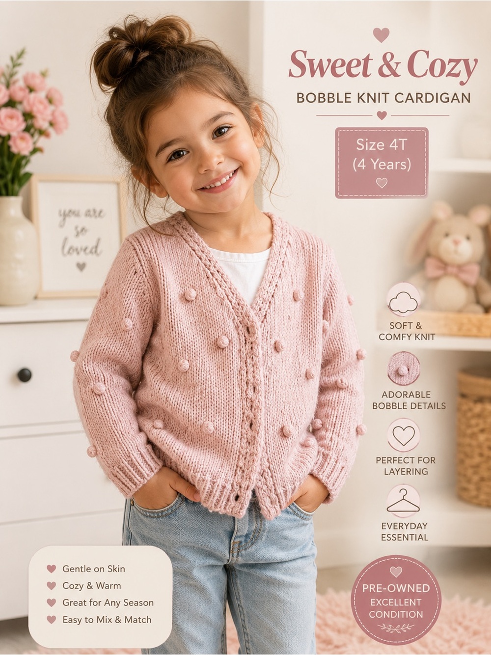 Sweet & Cozy Bobble Knit Cardigan - Blush Pink 4T